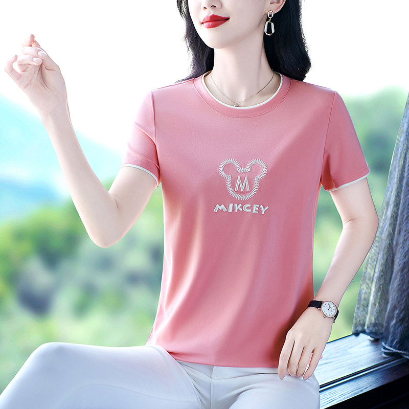 夏装冰丝短袖t恤女2025年新款中年女士洋气减龄休闲圆领夏季上衣