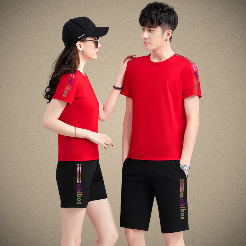 夏季休闲透气薄款情侣运动套装男女团体短袖短裤跑步运动服两件套