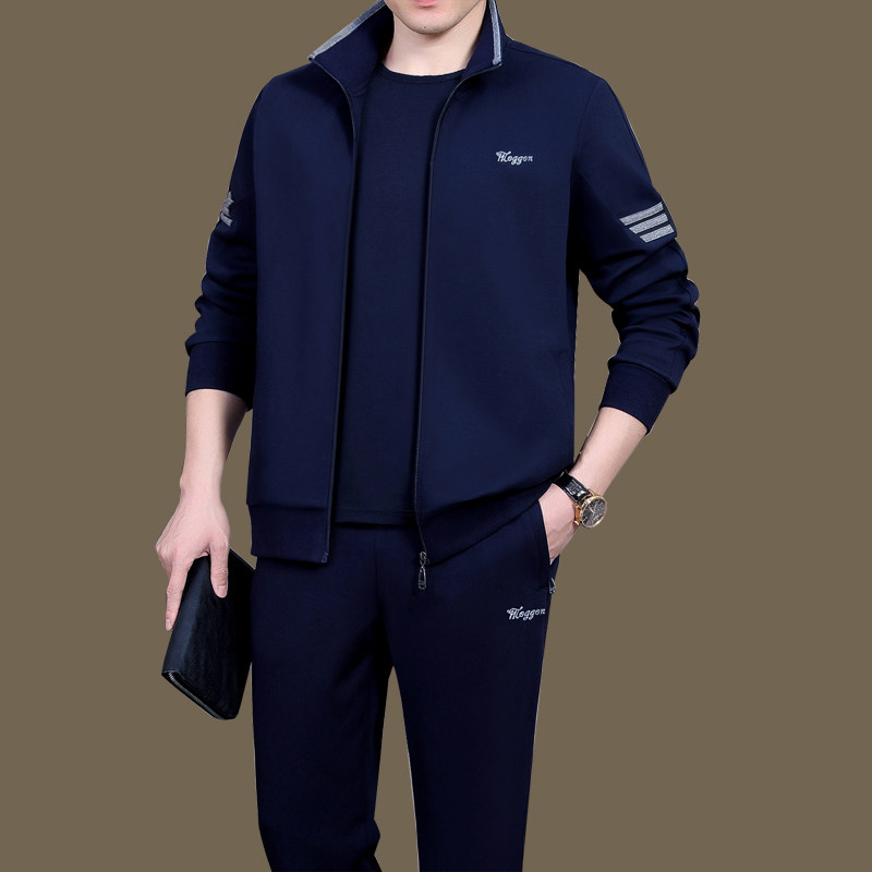 中老年运动套装男士春秋季三件套2025新款爸爸春装休闲运动服装棉