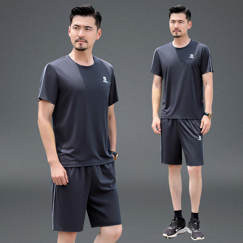 夏季速干短袖t恤短裤中老年休闲运动服薄款爸爸冰丝运动套装男士