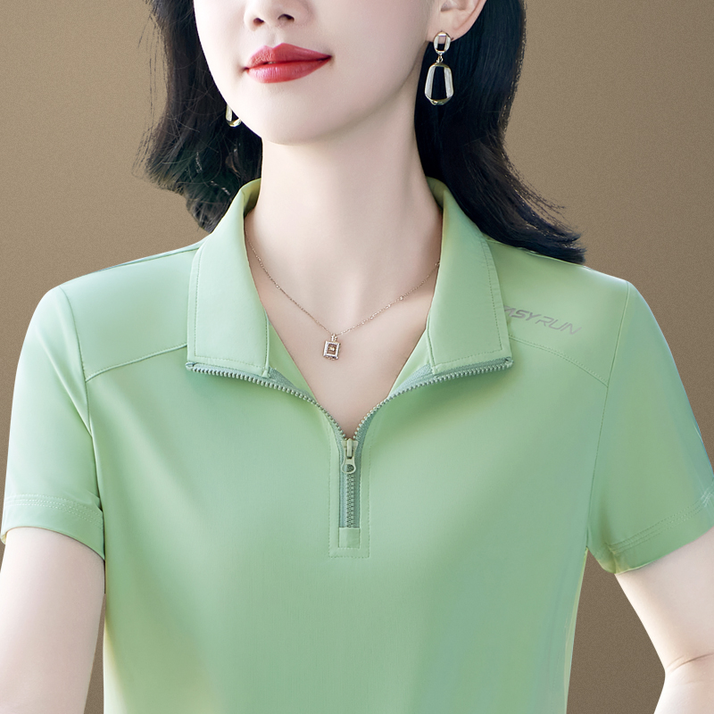 中年女士短袖t恤冰丝2025新款夏季大码宽松克莱因蓝休闲风polo衫