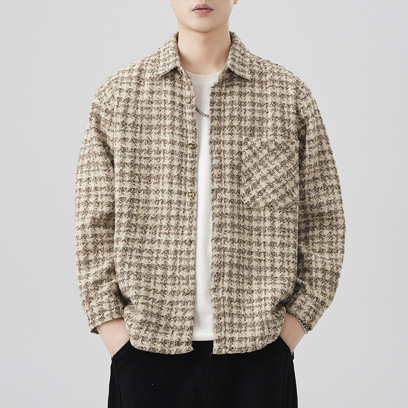 男士重磅格子衬衫2025春秋季新款潮牌小香风复古夹克外套男士上衣