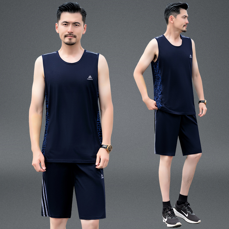 夏季男士背心运动服吊带无袖短裤两件套休闲中年人运动套装爸爸装