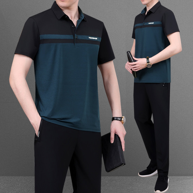 爸爸装夏装冰丝中年男士衣服男中老年运动2025夏季新款休闲套装