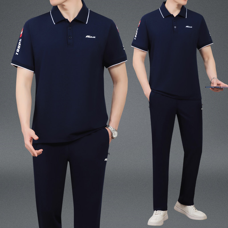 夏季运动套装男士短袖T恤长裤两件套2024新款爸爸装中年休闲服