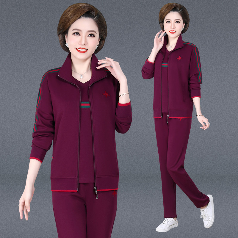 中老年运动套装女春秋休闲外套妈妈装上衣中年大码套装三件套女装