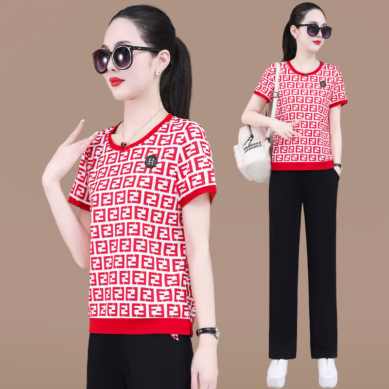 中年妈妈休闲运动套装女洋气时尚夏季短袖跑步晨跑服两件套薄