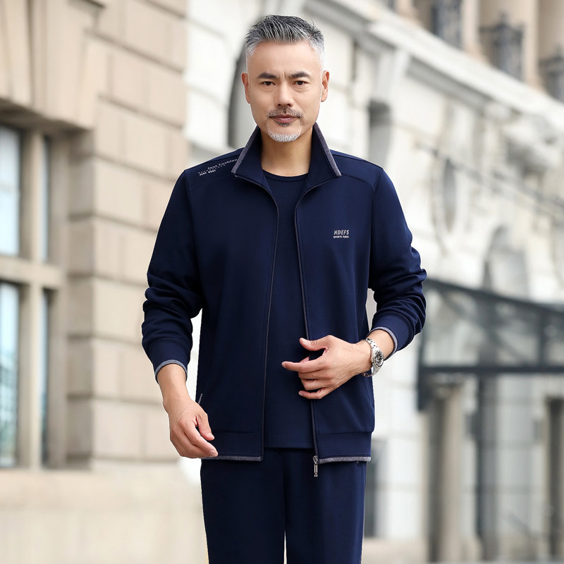 运动套装男春秋季三件套中老年休闲大码爸爸男装套装跑步运动服