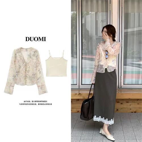 DUOMI【落絮轻颜】早秋新款时尚百搭碎花设计衬衫女小衫上衣D8710