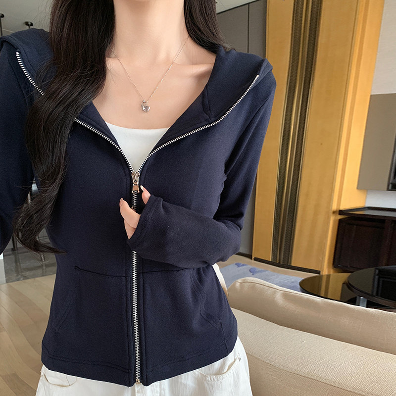 藏青色连帽拉链开衫卫衣外套女款春秋季韩系穿搭收腰显瘦正肩上衣图片
