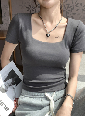 方领灰色短袖t恤女夏季薄款2026新款修身简约纯棉辣妹风外穿上衣