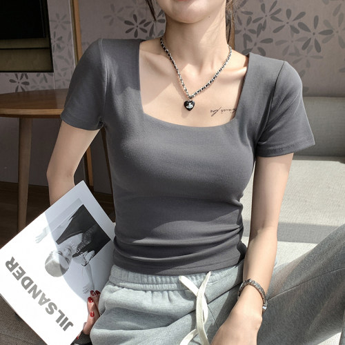 方领灰色短袖t恤女夏季薄款2026新款修身简约纯棉辣妹风外穿上衣