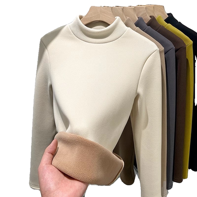 法式螺纹加绒加厚半高领打底衫女