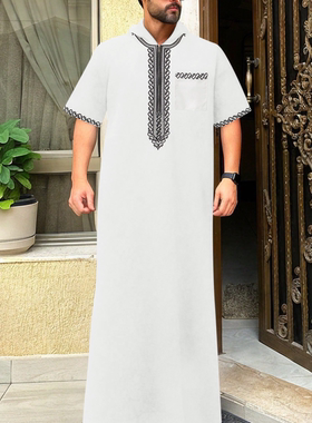 2025新款民族风中东穆斯林男士刺绣长袍连帽袍子Men Gown Thobe
