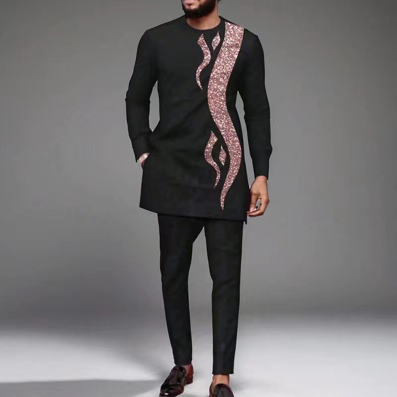 African Men 2 Piece Suit 非洲男士时尚宽松中长款上衣+裤子套装