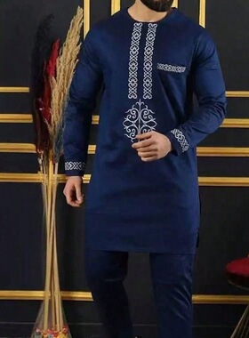 传统穆斯林非洲风格男士新西装2件套圆领长袖上衣加裤子Male suit