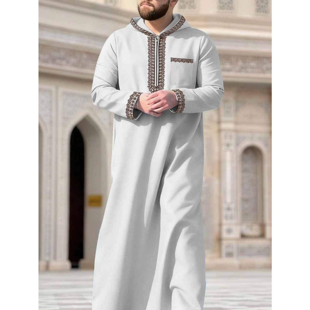男士长袍优雅长袖立领刺绣宽松men's robe
