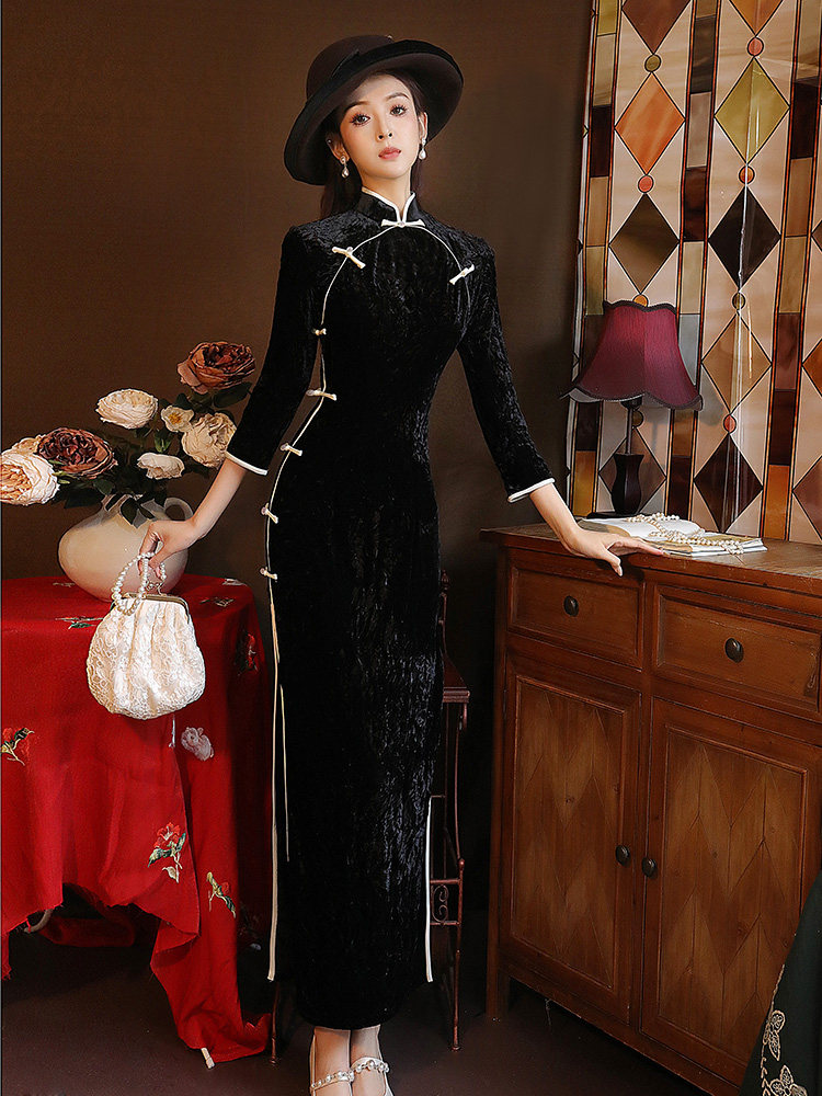 블랙 벨벳 치파오 새로운 스타일 2023 새로운 여성 가을 ??의류 하이 엔드 우아한 긴 연회 드레스 가을 겨울
