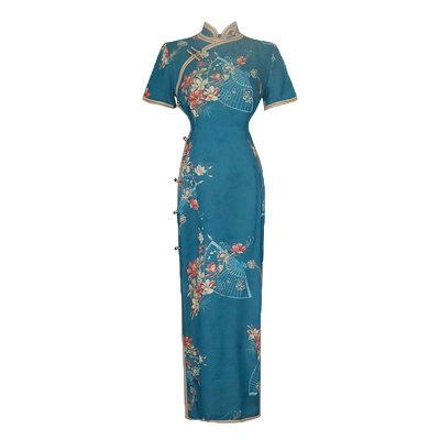 蓝色印花旗袍2021年修身显瘦走秀