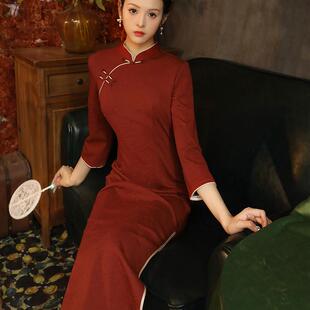 复古旗袍2024新款女秋冬季红色敬酒服高端修身日常可穿长款连衣裙