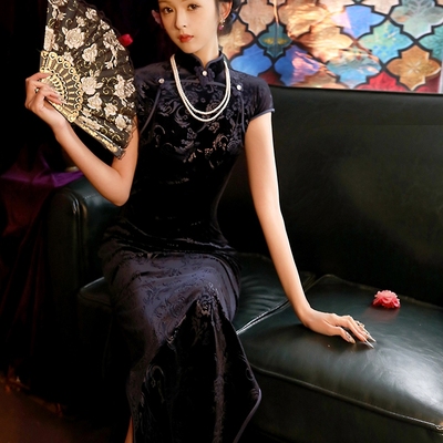 藏青色旗袍2025新款女新中式连衣裙复古修身高端大气上档次丝绒夏