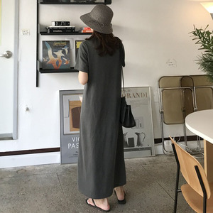 夏季新款纯棉T恤连衣裙女韩版宽松显瘦长款直筒体恤裙bf过膝长裙