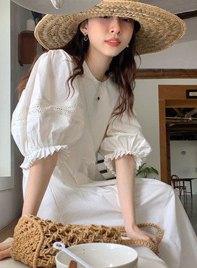 白色法式温柔连衣裙女夏高级感复古镂空灯笼袖宽松遮肉显瘦长裙子