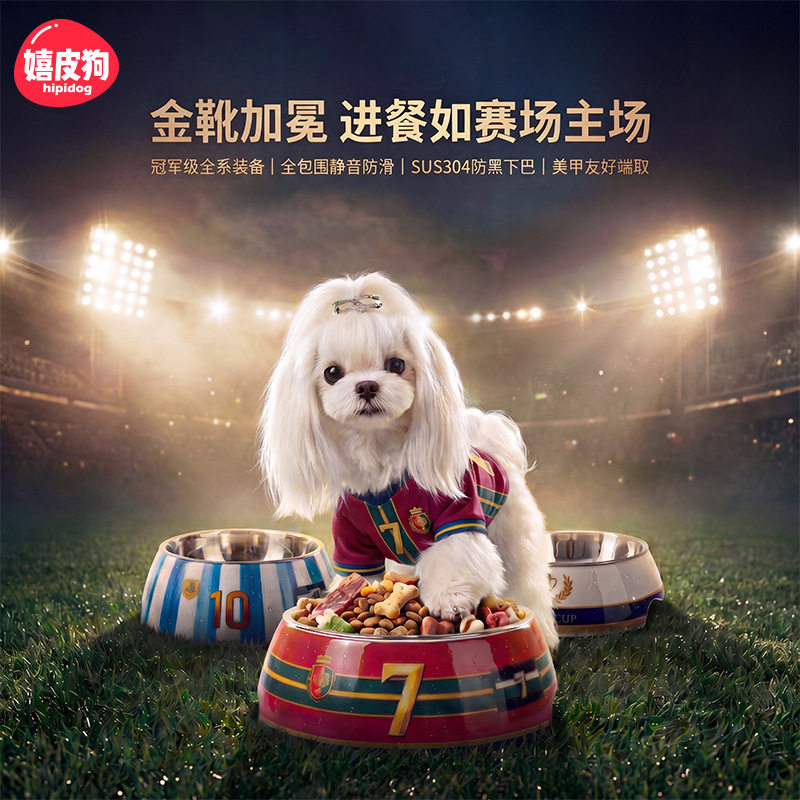 水碗世界杯狗食碗宠物碗中大型犬足球风大容量不锈钢防打翻小狗碗