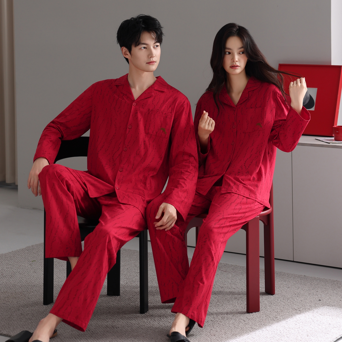 春秋新款红色情侣睡衣纯棉透气休闲薄款男女本命年新婚家居服套装