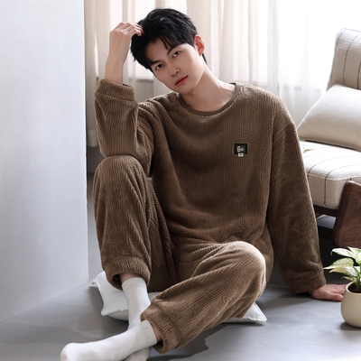 2025新款冬季珊瑚绒男士睡衣加厚保暖法兰绒套头家居服加绒双面绒