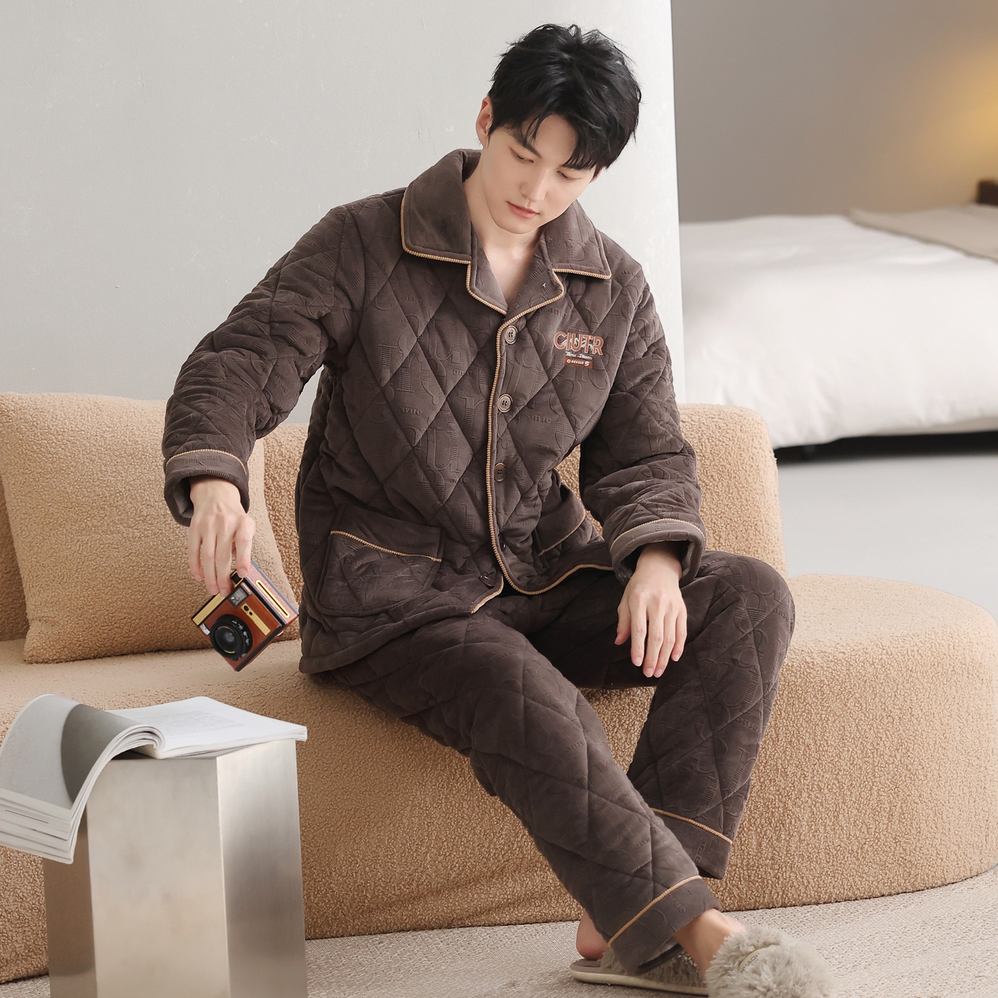 珊瑚绒夹棉睡衣男加厚开衫加绒法兰绒三层保暖冬款宽松棉袄家居服