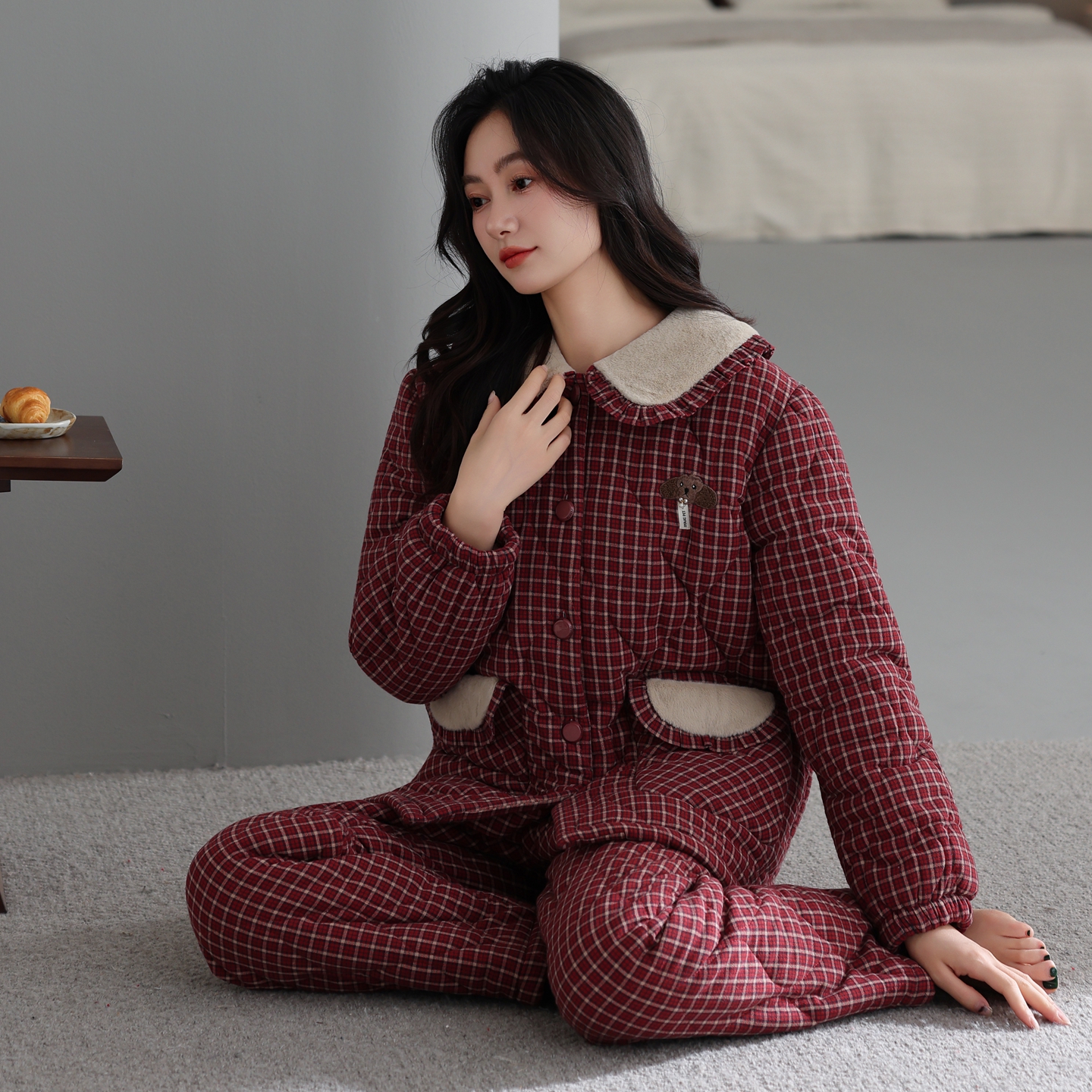 三层夹棉睡衣女冬梭织纯棉全棉加厚保暖中年棉袄法兰绒加绒家居服