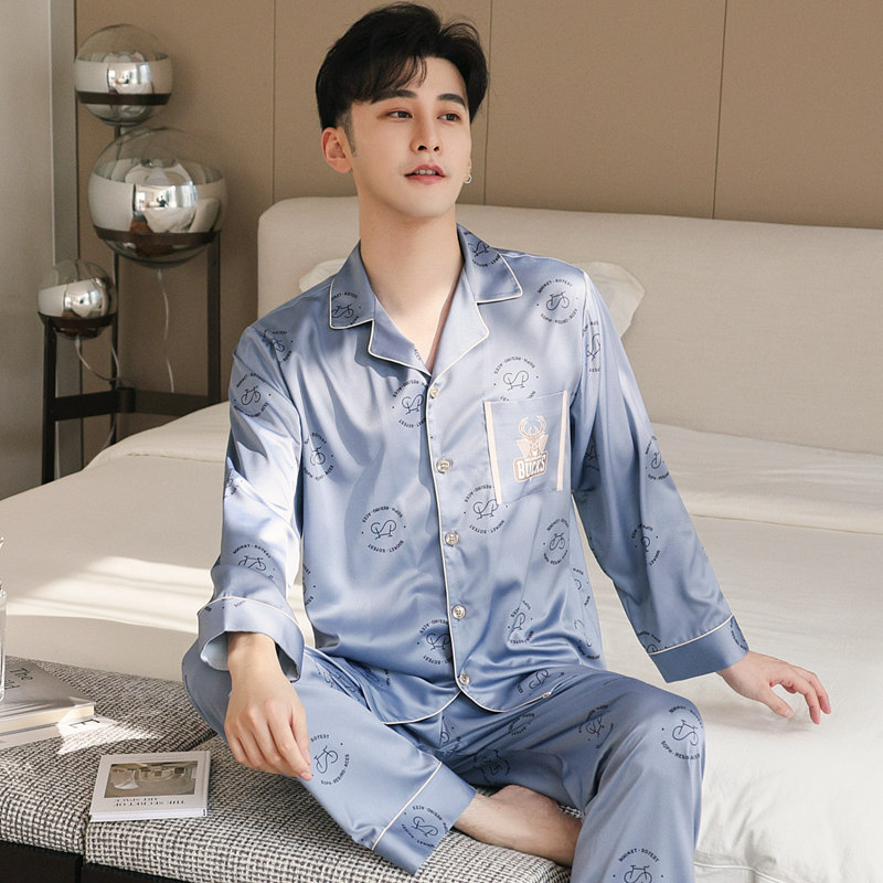 男士冰丝睡衣春秋丝绸长袖开衫翻领大码春夏薄款仿真丝男款家居服