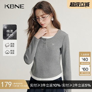 t恤灰色打底衫 新款 KBNE假两件长袖 春季 圆领修身 内搭洋气上衣女装