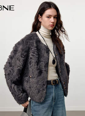 KBNE复古人造毛皮毛一体短款外套女2025冬季新款休闲圆领夹克外套