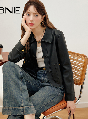 KBNE【热销爆款推荐】黑色长袖翻领皮衣短外套女高级感夹克上衣