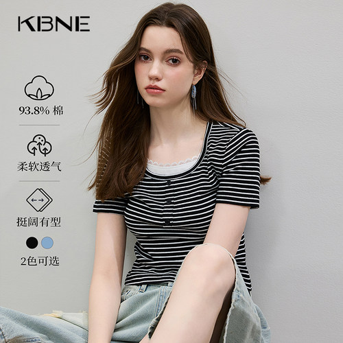 KBNE透气条纹短袖蕾丝方领T恤女2026夏季新款针织打底衫气质上衣