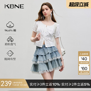 小衫 上衣 女装 衬衫 KBNE镂空短袖 新款 雪纺衫 白色方领泡泡袖 2025夏季