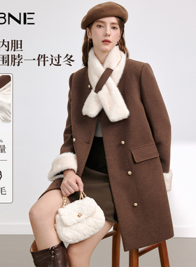 KBNE【90绒】咖色羽绒服女中长款外套毛呢大衣秋冬新款小个子上衣