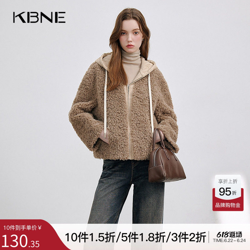 毛绒短款长袖连帽毛毛外套kbne2025气质秋冬新款仿皮草毛衣女装