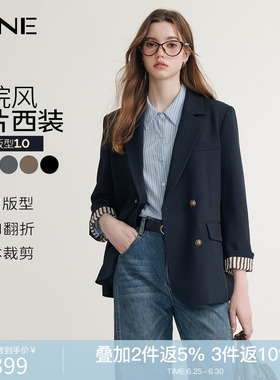 KBNE灰色西装领短外套女春秋新款小个子长袖上衣气质学院风外衣