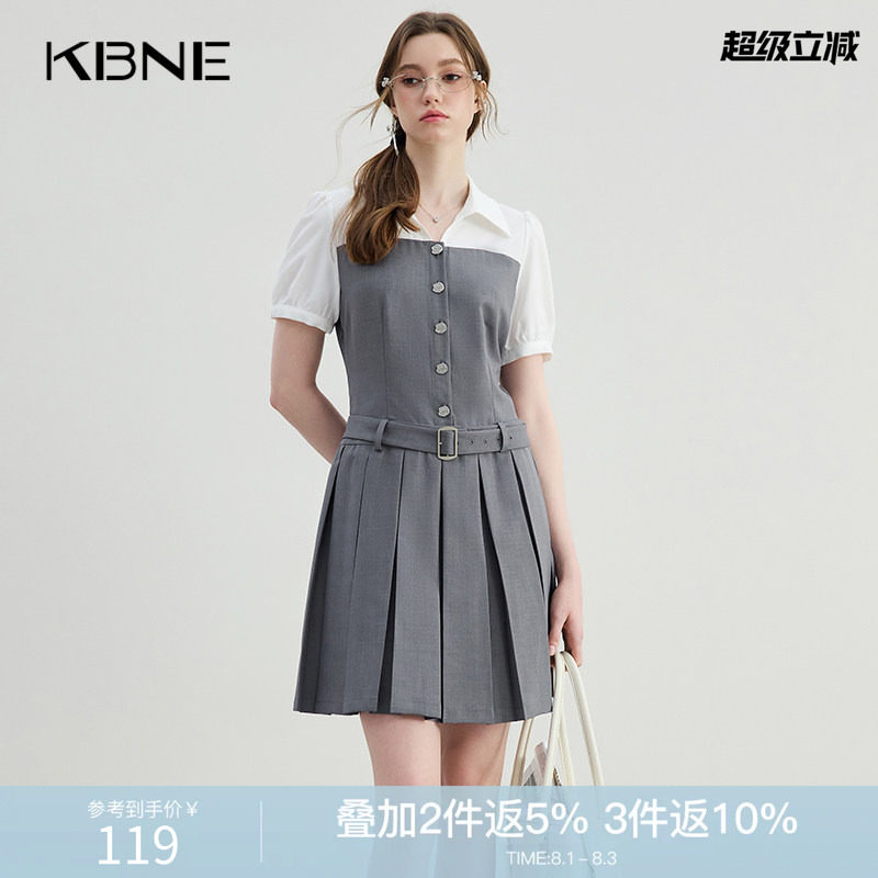 KBNE学院风显瘦连衣裙女夏季新款短袖西装裙气质慵懒收腰中长裙