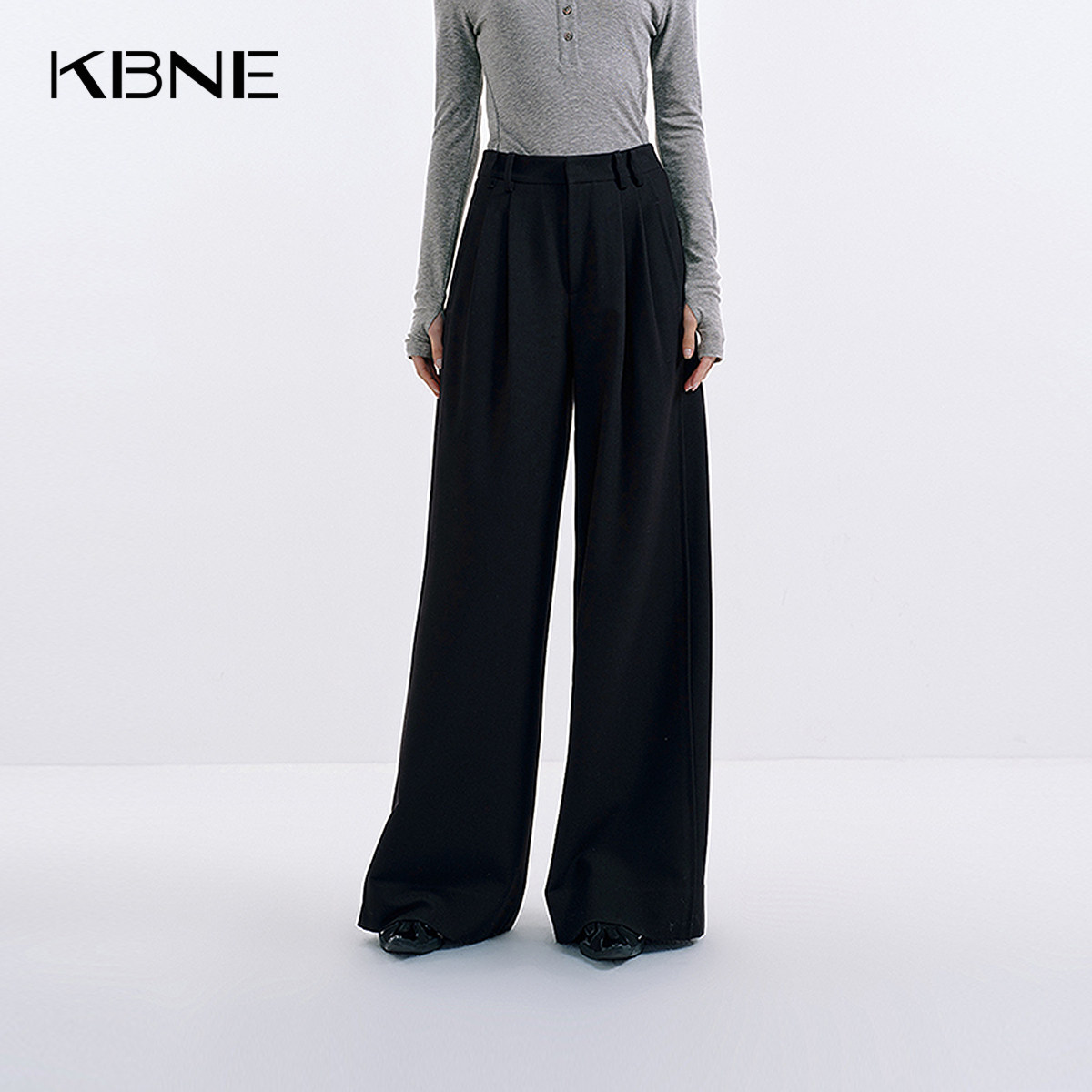 KBNE黑色女士宽松休闲裤2026秋季新款小个子高腰阔腿垂感拖地长裤