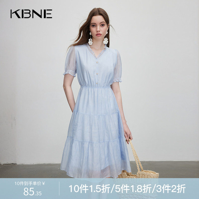 KBNE欧若风连衣裙女装V领短袖法式裙子2025夏季新款中长款茶歇裙