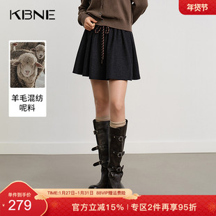 KBNE法式黑色高腰毛呢半身裙女2025冬季新款花苞裙小个子百褶裙子