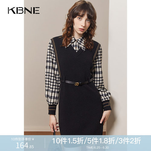 【商场同款】连衣裙女爆款假两件kbne2025秋冬新款复古格纹拼接裙