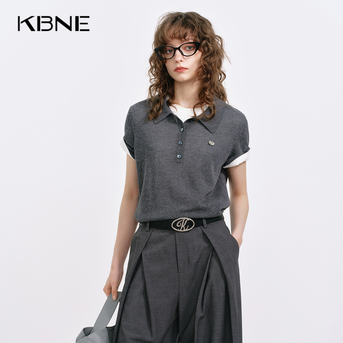 KBNE灰色polo亚麻针织衫2025秋季新款短袖打底衫气质小衫上衣女装