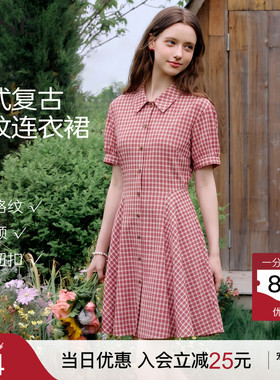 KBNE法式polo领红色格纹连衣裙女2026夏季新款小个子短袖收腰裙子
