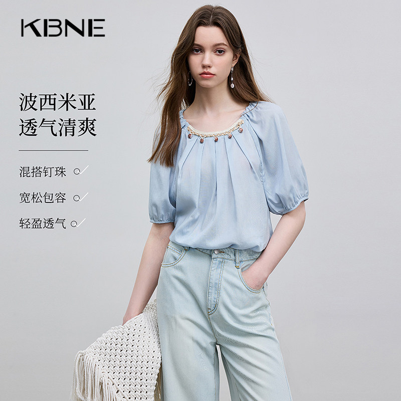 KBNE莱赛尔衬衫女装蓝色短袖上衣2026夏季新款小个子衬衣洋气小衫