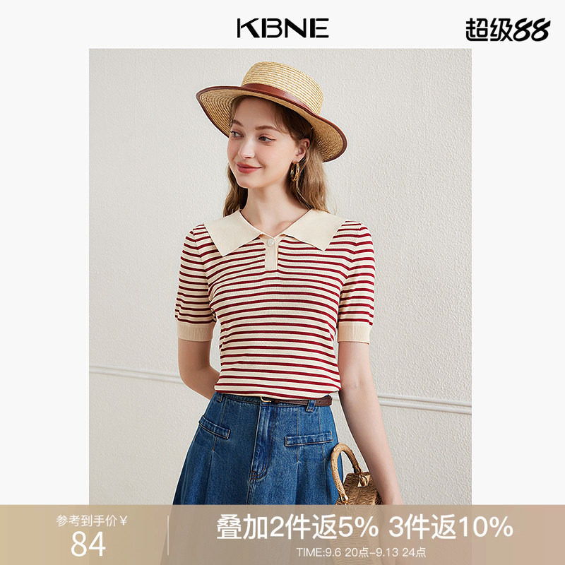 短袖针织衫女冰丝翻领polo衫kbne2026夏季新款修身薄款条纹上衣图片
